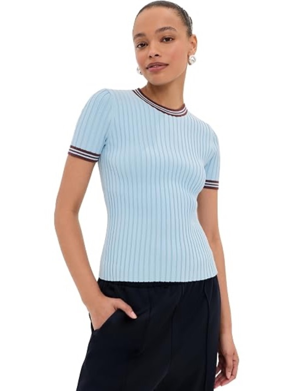 Forever 21 Light Blue Ribbed Short Sleeve Top with Navy & White Stripe Trim